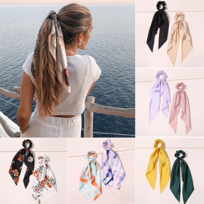 MIZI Arti lady Hot Silk Tie Dye Long Streamer Ins Girls Large Intestine Hair Ring Printing Bow Ribbon Hair Accessories 