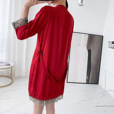 Sexy Pajamas Ice Silk Nightdress Emulation Silk Nightgown Embroidery Spring, Summer, Autumn Ladies' Homewear Five-Piece Suit with Chest Pad