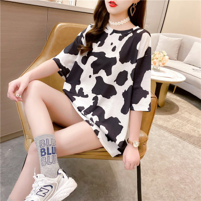 2021 New Internet Celebrity Ins Super Popular Short Sleeve T-shirt Women's Clothing Spring and Summer Tide Cow Print Couple Wear Loose Top