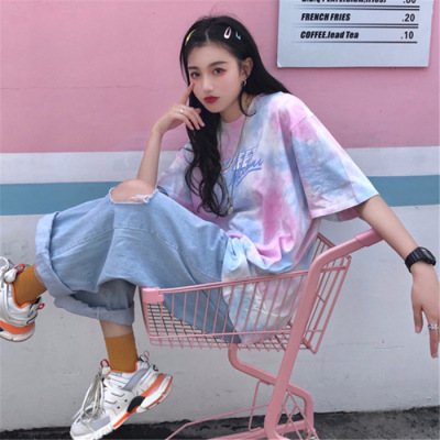 20 Summer New Korean Style Loose Mid-Length Harajuku Style Tie-Dyed Couple's Short-Sleeved T-shirt Women's Ins Fashion Women's Clothing
