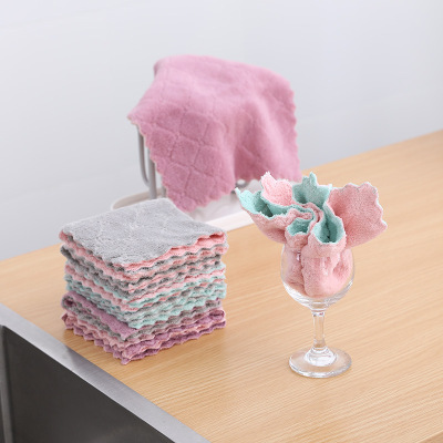Double-Sided Thickened Square Rag Oil-Free Lazy Dishwashing Rag Coral Fleece Absorbent Household Cleaning Scouring Pad
