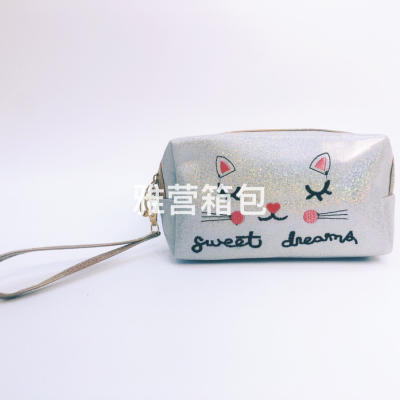 Cat Cute Simple Shimmering Powder Sequins Large Capacity Cosmetic Bag Storage Bag Travel Bag Soft and Easy to Carry Laser Bag