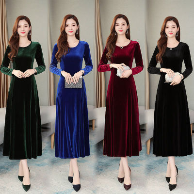 Cross-Border Spring and Autumn Korean Style New Gold Velvet plus Size Dress Women's Long Sleeve Long Ladies' Evening Dress Overknee Dress