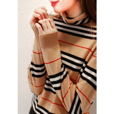 European Station Turtleneck Knitting Bottoming Shirt Women's Autumn and Winter New Fashion Color Contrast Striped Western Style Slimming Sweater Fashion