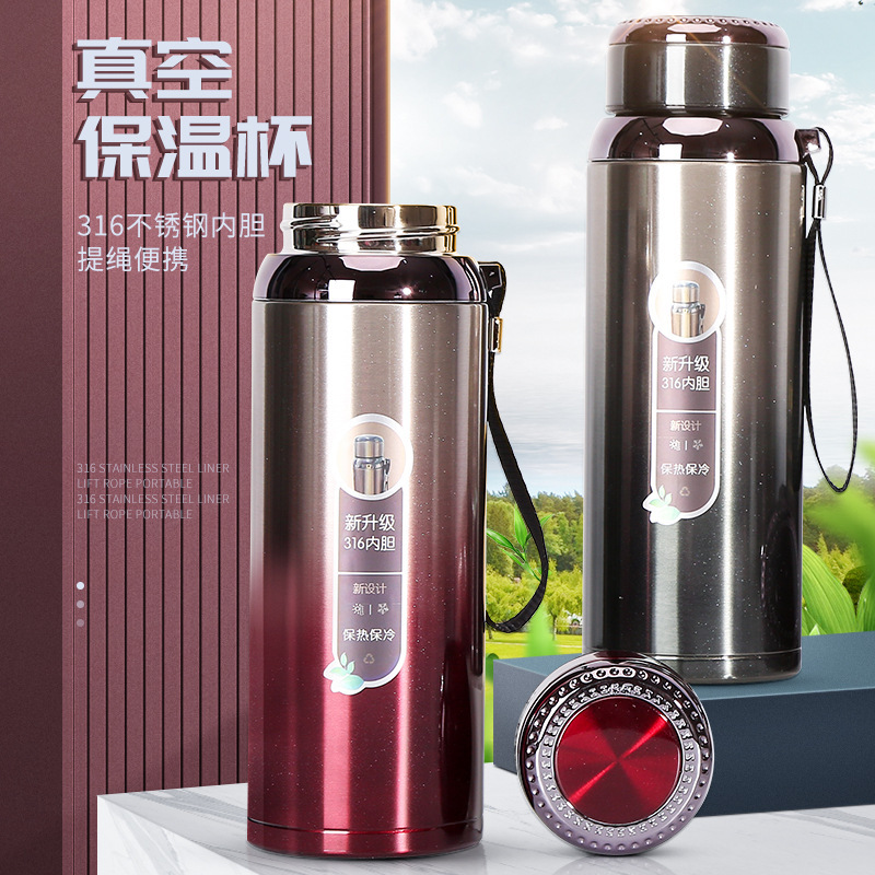 316不锈钢保温杯子手提吊带子弹头商务水杯600ml大容量运动水壶