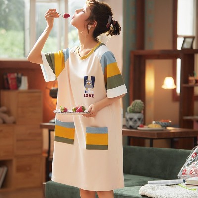 Pure Cotton Nightdress Women's Summer Korean Style Spring and Autumn Student Homewear Cute Thin Short Sleeve Loose plus Size Pajamas Summer