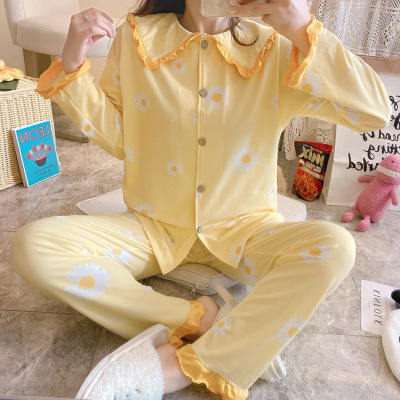 Spring and Autumn Women's Long-Sleeved Pajamas Doll Collar Sweet Princess Style Lapel Milk Silk Cartoon Cute Loungewear