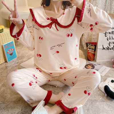 Spring and Autumn Women's Long-Sleeved Pajamas Doll Collar Sweet Princess Style Suit Milk Silk Cartoon Cute Loungewear