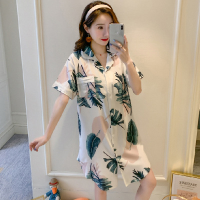 Short-Sleeved Nightdress Waal Cotton Summer Women's Pajamas Cardigan Cute Sweet Princess Skirt Korean Style Casual Homewear