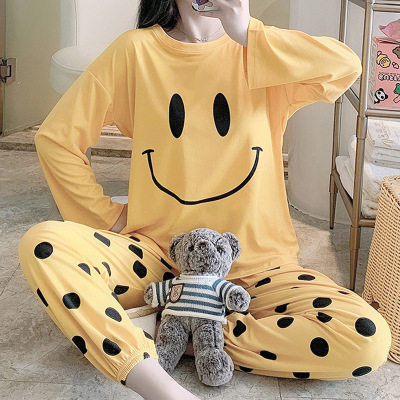 New in Spring and Autumn Women's Pajamas Long-Sleeved Trousers round Neck Milk Silk Cartoon Cute Student Homewear Suit