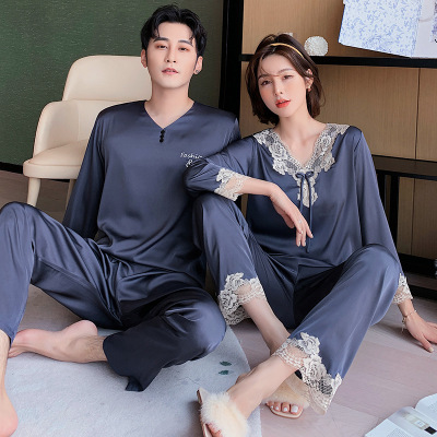 Factory Direct Supply Spring New Men's Lady Couple Pajamas Autumn Thin Artificial Silk Long-Sleeved Trousers Homewear Suit
