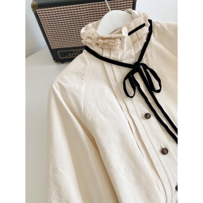 Chanel-Style Coat Court Stand Collar Long Sleeve with Ribbon Double-Sided Shirt Ruffled Top 21 Early Spring New