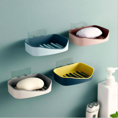 Double Deck Soap Box Bathroom Punch-Free Drain Soap Box Wall-Mounted Laundry Soap Storage Rack with Hook