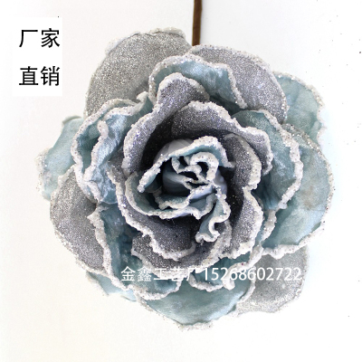 Artificial fabric rose stem with glitter edge for Wedding decor Christmas tree decor manufacturer wholesale