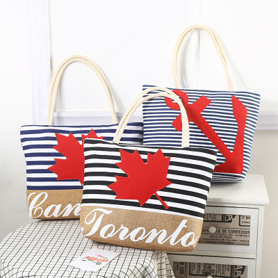 European and American Fashion Ladies Bags Travel Portable Shoulder Bag Maple Leaf Striped Imitation Linen Printed Stitching Hemp Rope Bag