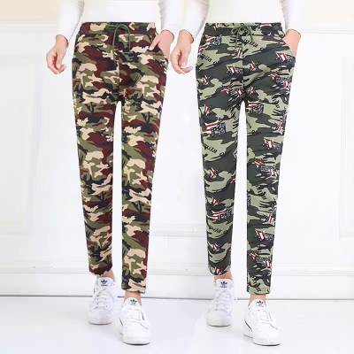 Autumn and Winter Women's plus-Sized plus-Sized Brushed Drawstring Camouflage Feet Velvet Padded Casual Pants