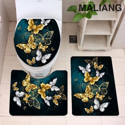 New 3D Printing Toilet Three-Piece Sanitary Napkin Bathroom Non-Slip Floor Mat Butterfly Flower Pattern