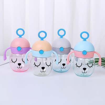 Children's 300ml Plastic Straw Cup Cute Cartoon Baby Learning Drinking Water Cup Student Drop-Resistant Handle Portable Cup
