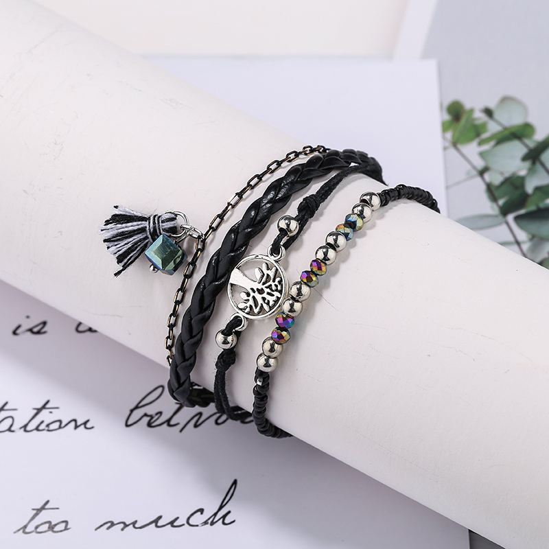 欧美复古波西米亚手链圆形生命树吊坠速卖通爆款多层手工编制手串