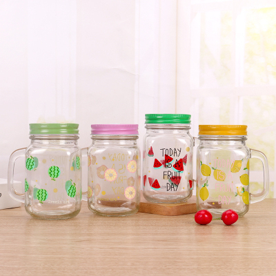 Fruit Letter Mason Cup Glass Handle Cup Juice Drink Milk Tea with Straw with Lid Water Cup