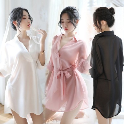 Foreign Trade Sexy Lingerie Women's Temptation Cute Princess Chiffon See-through Lace-up Suit Solid Color Sexy Shirt Pajamas