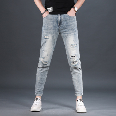 Ripped Cropped Jeans Men's Fashion Brand Slim Fit Skinny Summer Thin Korean Style Trendy Retro Easy Matching Men's Pants