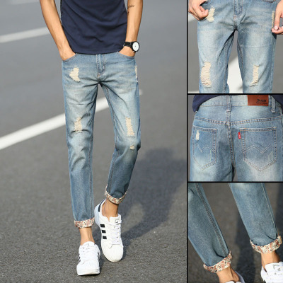 Men's Youth Korean Ripped Cropped Jeans Youth Popularity Slim Fit Skinny Cropped Jeans Casual Trend