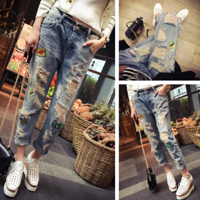 Summer plus Size Women's Clothes Loose Slimming Cropped Pants Women's Korean-Style Beggar Ripped Fat Mm200 Jin Skinny Jeans