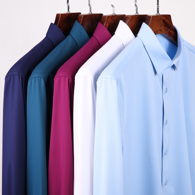 Men's Shirt Four Seasons Universal Bamboo Fiber High-End Shirt Men plus Insertion Strip Flat Solid Color Multi-Color Series Men's Shirt