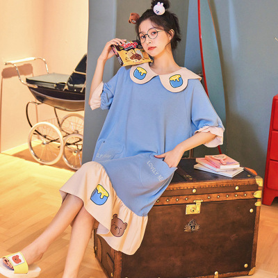 Korean Style Summer Cotton Nightdress Women's Sweet Cute Mid-Length Princess Dress Short Sleeve Thin Pajamas Wholesale