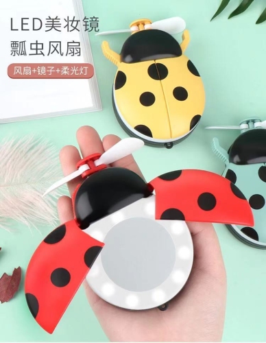 new led makeup mirror fan ladybird little fan usb charging mini-portable fill light makeup mirror