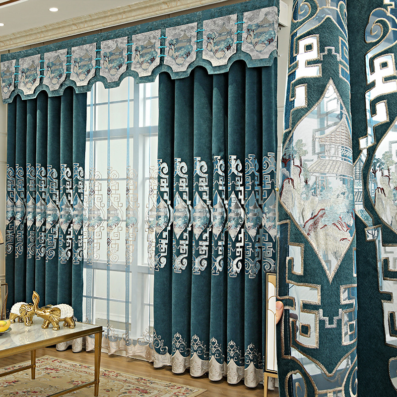 2020新中式绣花窗帘成品 雪尼尔窗帘布料 窗纱