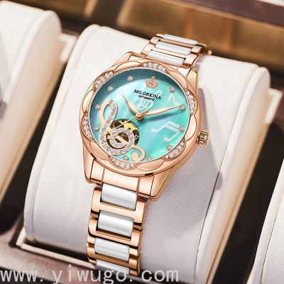 Watch Women's Automatic Mechanical Watch Ceramic Steel Belt Waterproof Small Green Watch TikTok Same Style Women's Watch