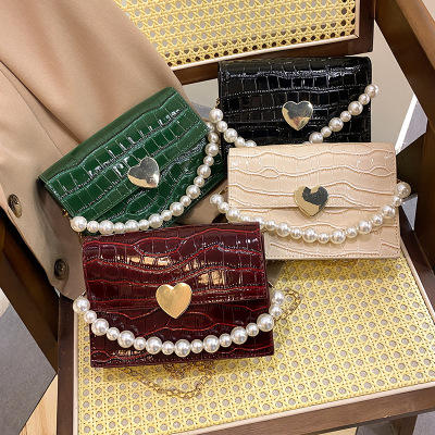 Chain Bag 2021 Spring and Summer New Popular Net Red Handbag Small Pearl Square Bag Women's Bag Crocodile Pattern Shoulder Crossbody