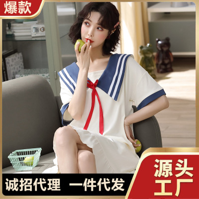 Summer Princess Style Nightdress Women's Summer Short-Sleeved Korean Style Young Lady Student Cotton Dress Midi Dress Cute Loungewear