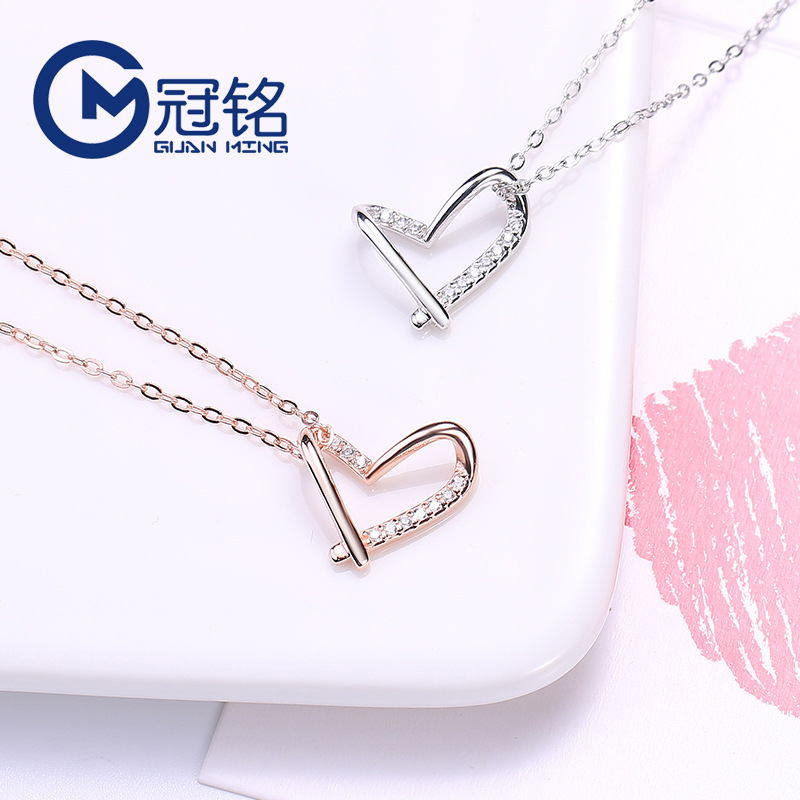 冠铭银饰韩国简约心形项链s925银线条爱心项链女短款锁骨链小清新