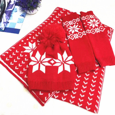 Autumn and Winter New Women's Wool Knitting Hat, Scarf and Gloves Three-Piece Set Earflaps Slipover Hat Snowflake Christmas Suit