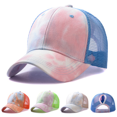 European and American New Outdoor Tie-Dyed Ponytail Colorful Personality Trendy Peaked Cap Female Mesh Cap Sun-Proof Baseball Cap Trendy