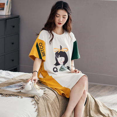 Pajamas Women's Summer Cotton Short Sleeve Nightdress Mid-Length Summer Korean Style Student Sweet and Loose plus Size Homewear