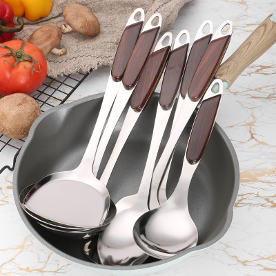 Non-Magnetic Stainless Steel Kitchenware Gift Set Wood Grain Clip Handle Cooking Spatula Meal Spoon Spatula Kitchen Supplies Wholesale