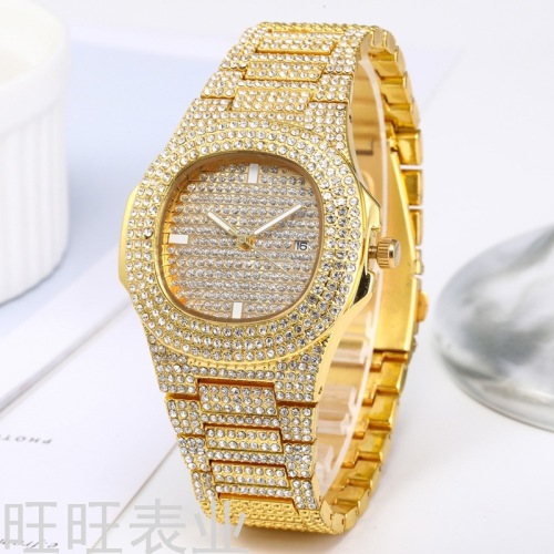 Cross-Border Gold Watch Calendar Starry Steel Band Diamond Men‘s Watch Foreign Trade Watch High-End Rhinestone Quartz Women‘s Watch Wholesale