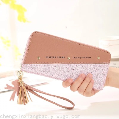 New Ladies' Purse Long Zipper Gold Powder Stitching Contrast Color Tassel Wild Rivet Mobile Phone Bag