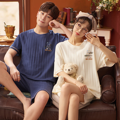 Couple Pajamas Men's Spring and Autumn Short Sleeve Shorts Women's Summer Thin Cotton Homewear Two-Piece Suit Can Be Worn outside