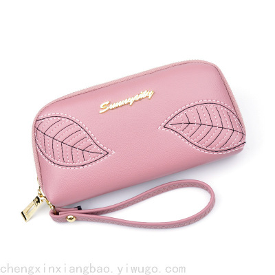 New Embroidered Leaves Women's Long Zip Clutch Wallet Fashion Coin Purse Large Capacity Mobile Phone Bag