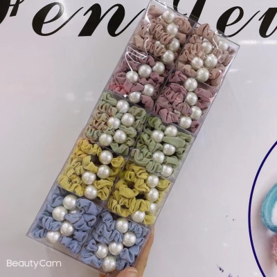 Spring and Summer New Korean Spring and Summer Internet Influencer Pearl Head Rope Rubber Band Cute Hair Ring Fabric Hair Rope Head Accessories Boxed