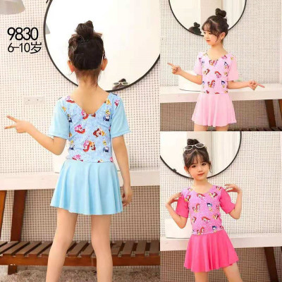 Korean Style One-Piece Princess Dress Short Sleeve Swimsuit Cute Girl Hot Spring Conservative Swimwear 6-10 Years Old