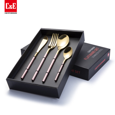 Pink Gold Two-Color Knife, Fork and Spoon 4-Piece Set, 304 Stainless Steel Knife, Fork and Spoon Knife,  4-Piece Set