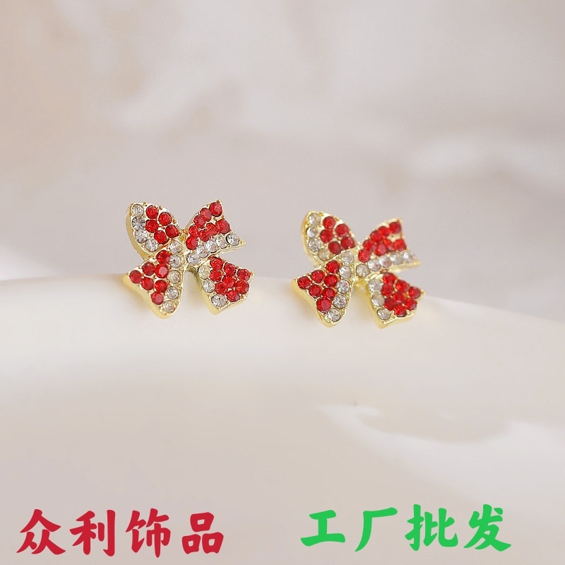 S925银针韩国红色超闪蝴蝶结小巧精致网红气质耳钉女