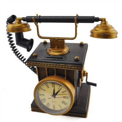 Metal Crafts Antique Old-Fashioned Clock and Telephone Decoration Collection Home Decoration Money Box Gift
