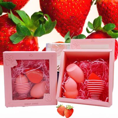 Factory Direct Sales Strawberry Pink Fruit Series Gourd Water Drop Oblique Cut 3-Piece Set Beauty Blender Powder Puff Gift Set
